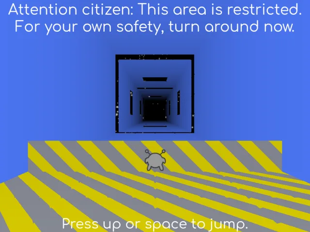 Run 3 first level: the yellow-striped tunnel entrance and the "Attention citizen: this area is restricted" warning