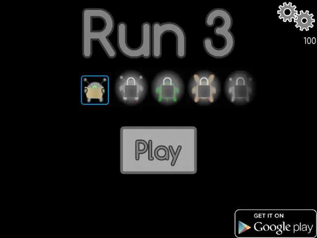 Run 3 title screen: the Runner selected, four locked characters and the Play button