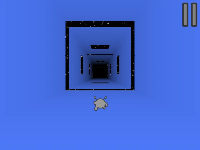 Run 3 gameplay: the Runner mid-jump inside the square tunnel, tiles ahead and stars beyond the gaps